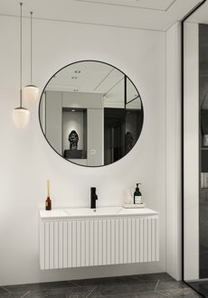 Lento wit badkamermeubel ribbelfront met witte wastafel 100cm 1 kraangat en ronde spiegel