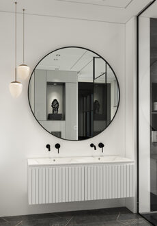 Lento wit badkamermeubel ribbelfront met witte wastafel 120cm zonder kraangaten en ronde spiegel
