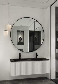 Lento wit badkamermeubel ribbelfront met zwarte wastafel 120cm 2 kraangaten en ronde spiegel
