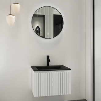 Lento wit badkamermeubel ribbelfront met zwarte wastafel 60cm 1 kraangat en ronde spiegel