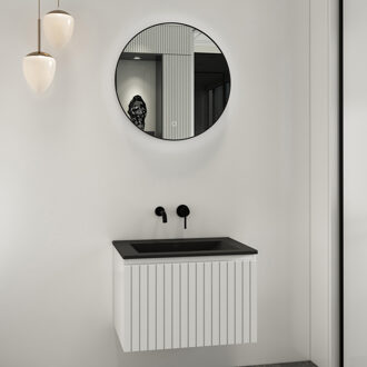 Lento wit badkamermeubel ribbelfront met zwarte wastafel 60cm zonder kraangat en ronde spiegel