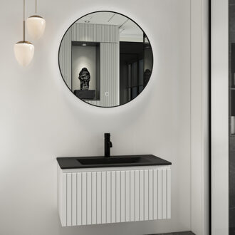 Lento wit badkamermeubel ribbelfront met zwarte wastafel 80cm 1 kraangat en ronde spiegel