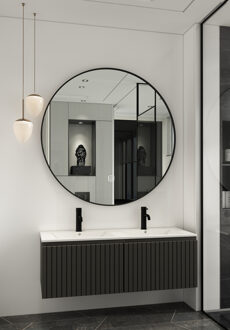 Lento zwart badmeubel ribbelfront 120cm met witte wastafel 2 kraangaten en ronde spiegel