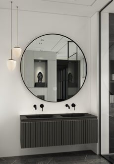 Lento zwart badmeubel ribbelfront 120cm met zwarte wastafel zonder kraangaten en ronde spiegel