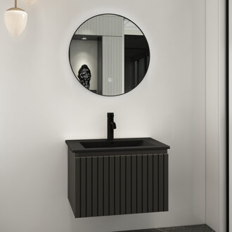 Lento zwart badmeubel ribbelfront 60cm met zwarte wastafel 1 kraangat en ronde spiegel