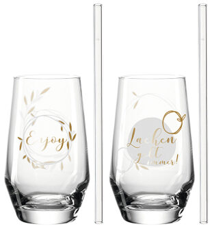Leonardo Presente Longdrinkglas met rietje lachen/enjoy 2 stuks Transparant