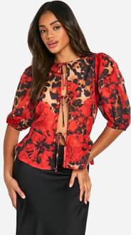 Leopard Blouse Met Volumineuze Mouwen En Strik Aan De Voorkant, Brown - 36