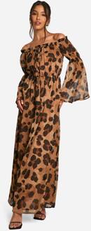 Leopard Chiffon Bardot Volume Maxi Jurk, Brown - 36