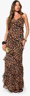 Leopard Chiffon Ruffle Maxi Jurk, Brown - 36