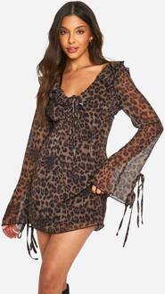 Leopard Chiffon Ruffle Shift Jurk, Brown - 36
