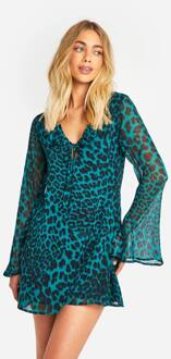 Leopard Crinkle Chiffon Ruffle Flare Sleeve Mini Jurk, Green - 38
