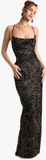 Leopard Devore Cowl Neck Tie Back Maxi Jurk, Brown - 38