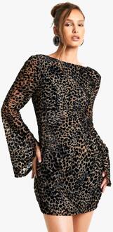 Leopard Devore Flare Sleeve Back Mini Jurk, Brown - 38
