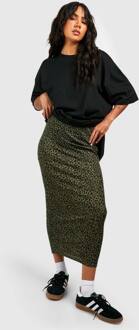 Leopard Geribde Midaxi Rok, Khaki - 38