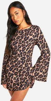 Leopard Jurk Met Lage Rug En Flare Mouwen, Brown - 42