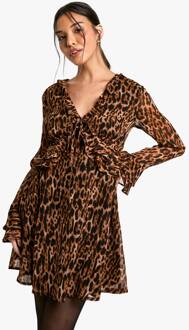 Leopard Pof Mouw Mini Jurk, Brown - 42