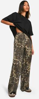 Leopard Print Denim Broek Met Wijde Pijpen, Brown - 34