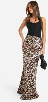 Leopard Print Satijn Schuine Snit Maxi Rok, Leopard - 42