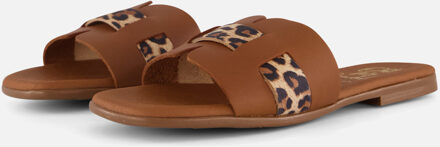 Leopard Slippers goud Leer Cognac - 36,37,38,39,40,41,42