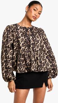 Leopard Tie-Front Smock Top Met Puffmouwen En Lange Mouwen, Leopard - 36