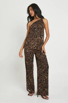 Leopardprint Chiffon Jumpsuit Met Wijde Pijpen, Brown - 42