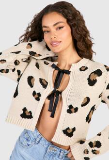 Leopardprint Gebreide Cardigan Met Strikdetail, Cream