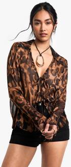 Leopardprint Geweven Top Met Lange Mouwen, Kraag En Strikdetail Aan De Voorkant, Black - XS