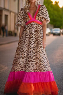 Leopardprint Maxi-jurk met Gelaagde Rok Bruin
