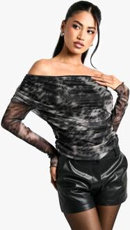 Leopardprint Mesh Top Met Draperende Voorzijde En Lange Mouwen, Animal - 34