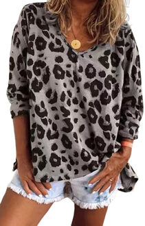 Leopardprint V-hals Blouse met 3/4 Mouwen Grijs