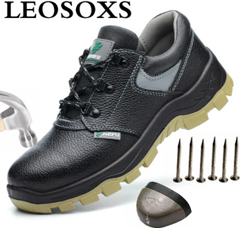 LEOSOXS New Men Steel Toe Work Safety Shoes Anti-smashing Genuine Leather Construction Safety Protective Short Boots Big Size 48