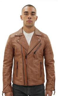 Leren bikerjack van Brando met dubbele kruisrits, Casablanca - maat 4XL Bruin