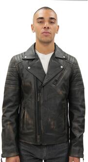 Leren bikerjack van Brando met dubbele kruisrits, Casablanca - maat M Zwart