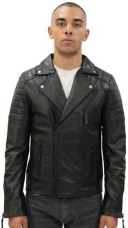 Leren bikerjack van Brando met dubbele kruisrits, Casablanca Zwart - 5XL