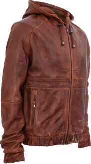 Leren bomber-bikerjack met rits en capuchon Bruin - 2XL