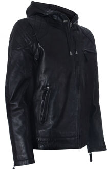 Leren bomber-bikerjack met rits en capuchon Zwart