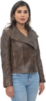Leren dames bikerjack met sjaalomslag - Riga Bruin