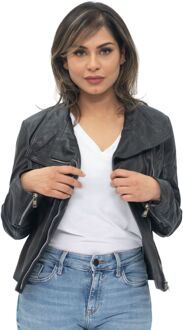 Leren dames bikerjack met sjaalomslag - Riga Zwart - EU 36 / UK 8