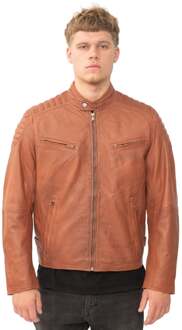 Leren gewatteerd bikerjack voor heren - Berlijn Bruin - 3XL