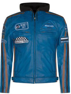 Leren heren bikerjack met capuchon, Detroit Blauw - L
