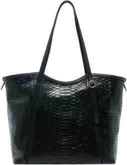 Leren shopper met slangenmotief India  zwart - One Size,