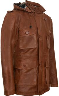 Leren trenchcoat met meerdere zakken en capuchon - maat 2XL Bruin