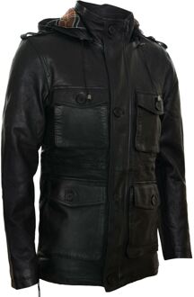 Leren trenchcoat met meerdere zakken en capuchon Zwart - 3XL