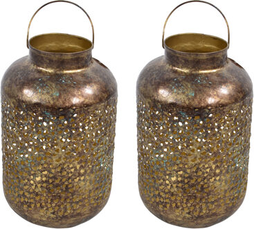 Lesli Living Lantaarn/windlicht - 2x - Oosterse stijl - goud - metaal - antieke uitstraling - 20 x 32 cm