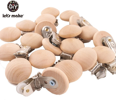 Let's Make Natural Wooden 50pc Pacifier Beech Metal Clips Holder Round Teether Pacifier Wooden Teething Beads DIY Pacfier Chain