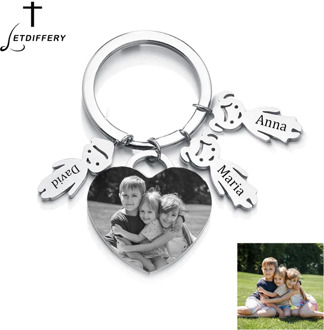 Letdiffery Custom Heart Family Keychain Stainless Steel Engrave Kid's Photo Name Date DIY Key ring for Baby Sisters Brothers