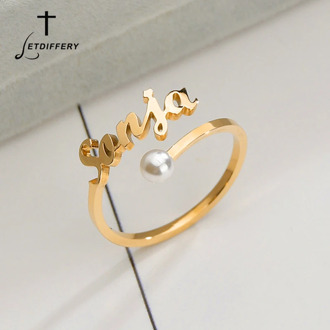 Letdiffery Custom Imitation pearl Name Ring Personalized Stainless Steel Women Wedding Rings unique Engagement Gifts for lovers