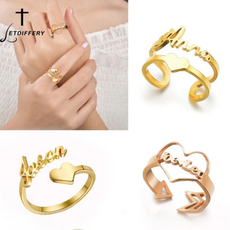 Letdiffery Personlized Name Date Rings Stainless Steel Heart Crown Customized Ring for Couple Women DIY Jewelry Christmas Gifts