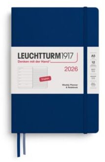 Leuchtturm1917 agenda 2026 1 week per pagina met gelinieerd notitieblad hardcover medium a5, marine