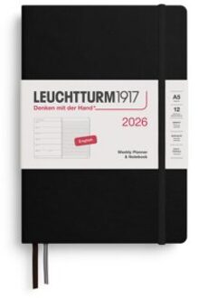 Leuchtturm1917 agenda 2026 1 week per pagina met gelinieerd notitieblad hardcover medium a5, zwart